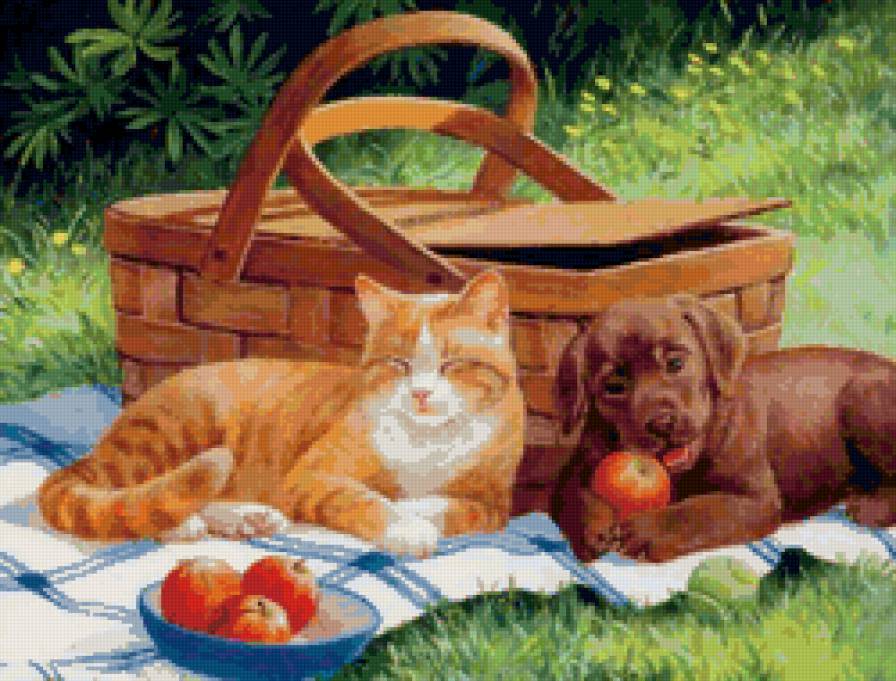 Серия КОШКИ. Живопись. - дружба, двое, кошка, сон, собака, животные - предпросмотр