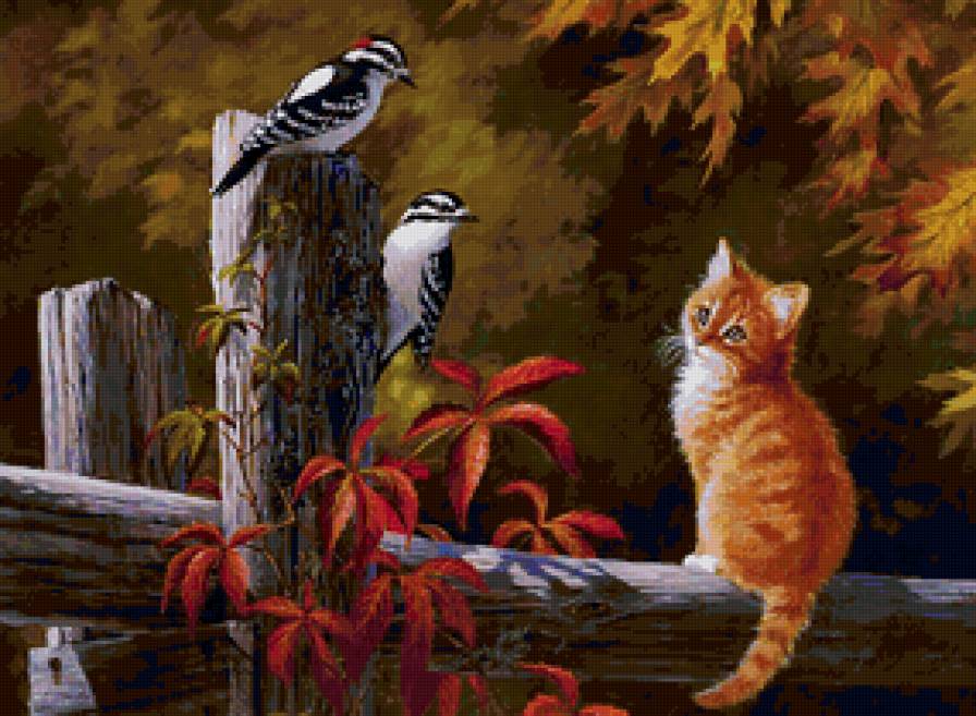 Серия КОШКИ. Живопись. - птица, дятел, животные, кошка, котенок - предпросмотр