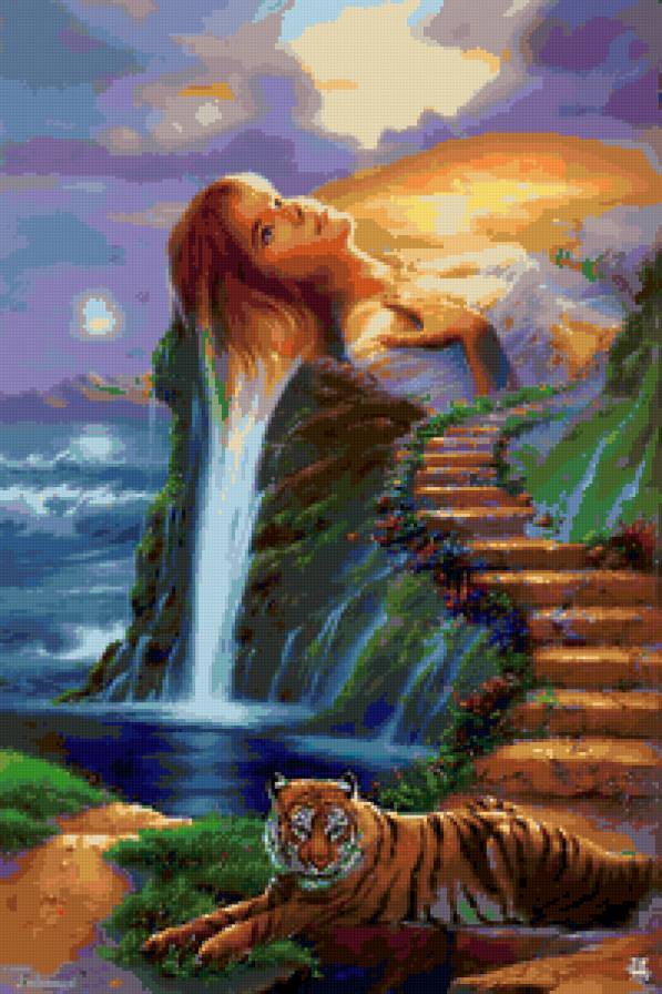 Девушка-водопад - водопад, фэнтези, девушка, тигр, фантазия, берег, природа - предпросмотр