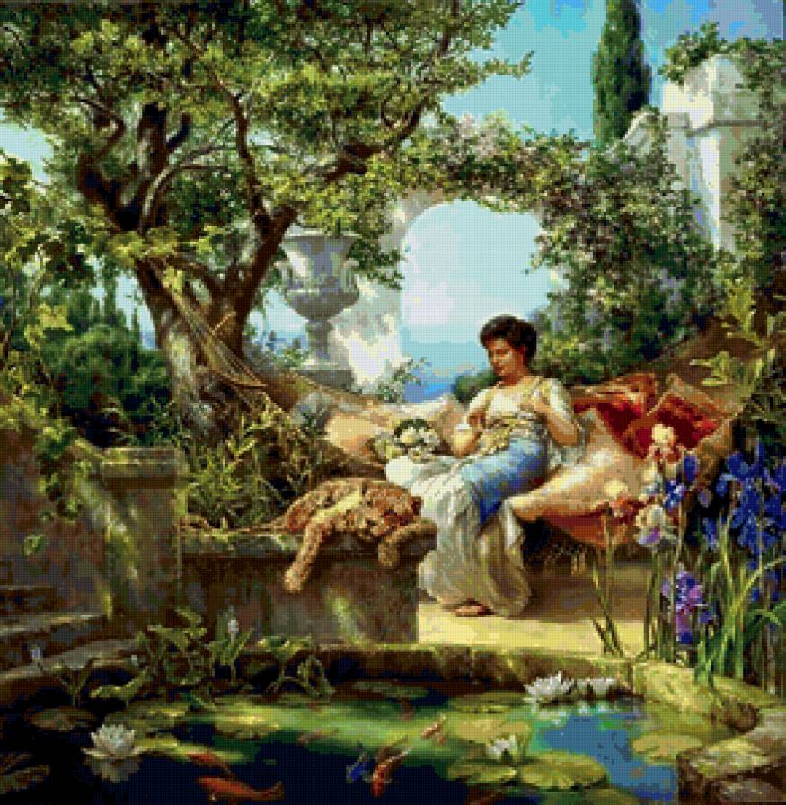 Летний полдень в саду - лето, цветы, живопись, девушка, львица, картина, сад - предпросмотр