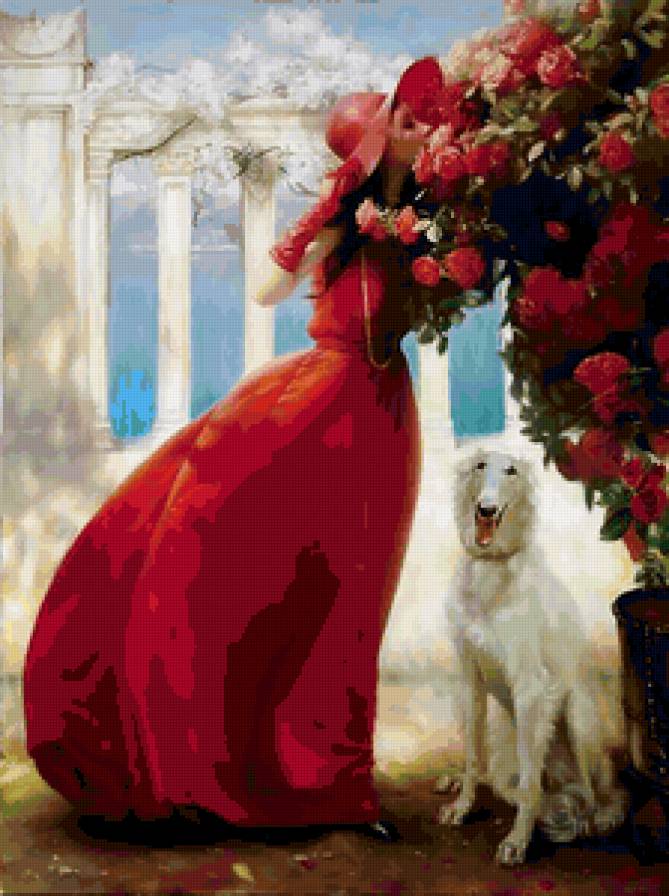 №87044 - девушка, цветы, собака, беличенко, живопись - предпросмотр