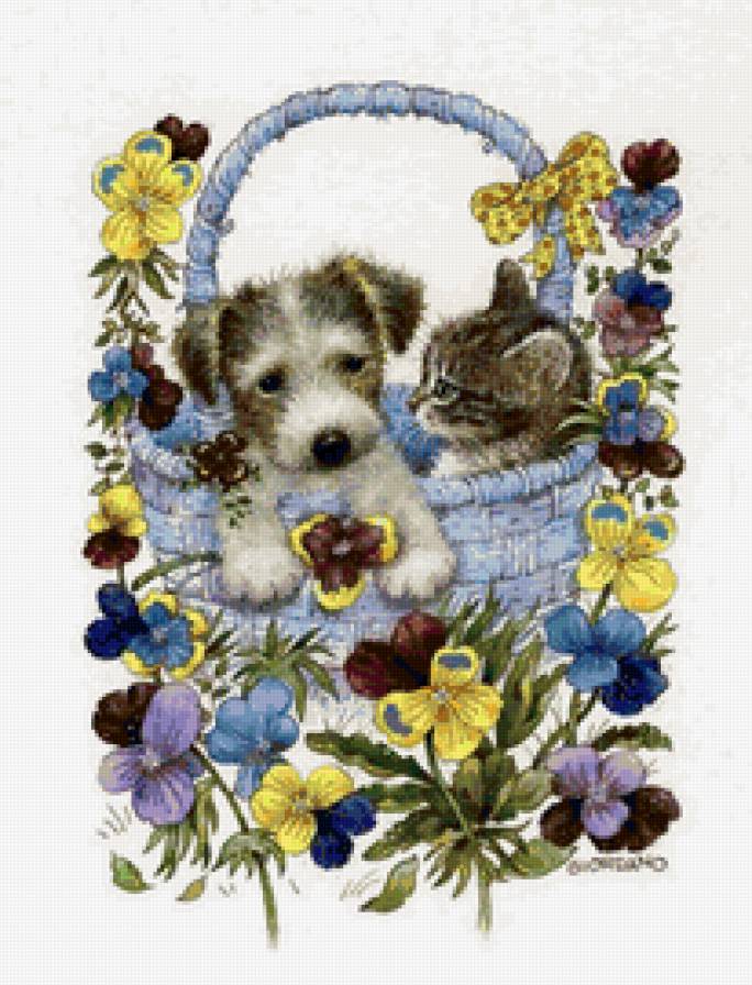 друзья - котенок, корзина, щенок - предпросмотр