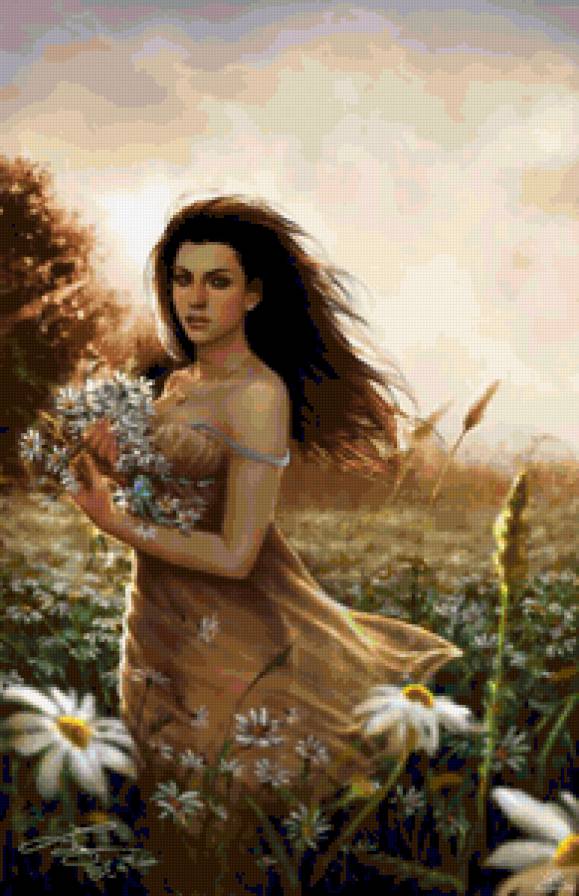 Девушка с цветами - пейзаж, природа, трава, девушка, цветы - предпросмотр