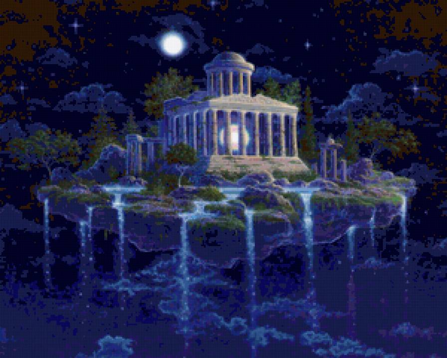 Фэнтези - фэнтези, архитектура, замок, фантастика, ночь, водопад, луна - предпросмотр