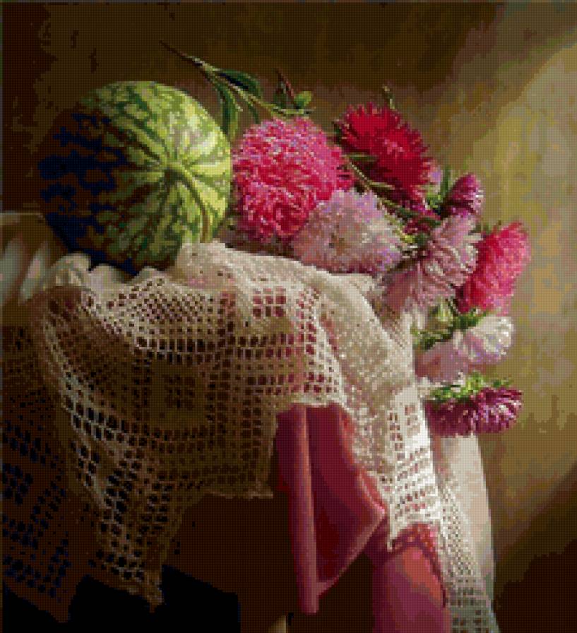 натюрморт - арбуз, астры, цветы, натюрморт - предпросмотр