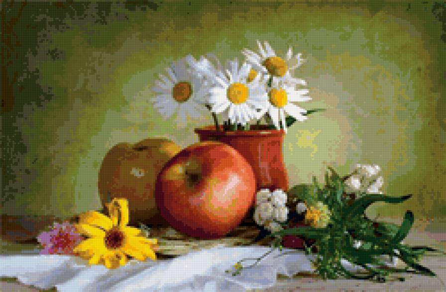 натюрморт - яблоки, цветы, ромашки, фрукты, натюрморт - предпросмотр