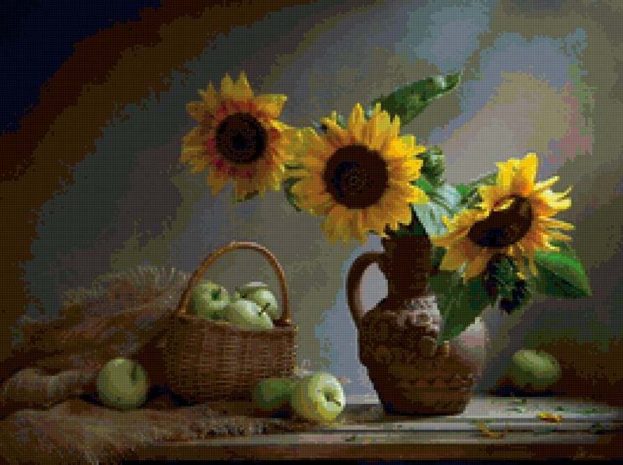Подсолнухи - натюрморт с яблоками - предпросмотр