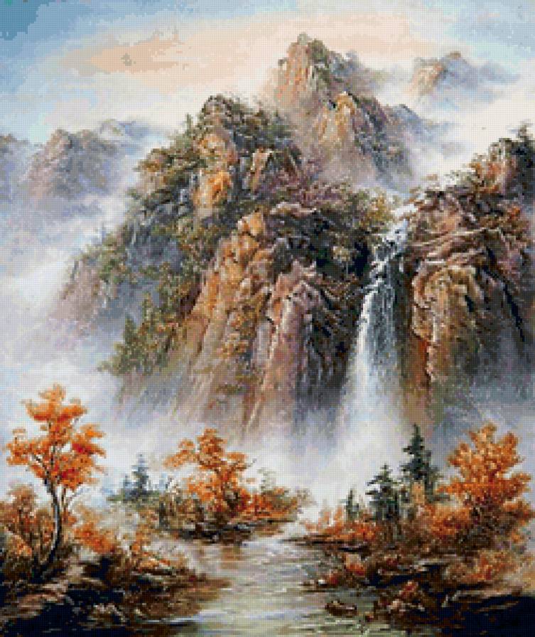 Водопад - горы, китайская живопись, восток, картина, вода - предпросмотр