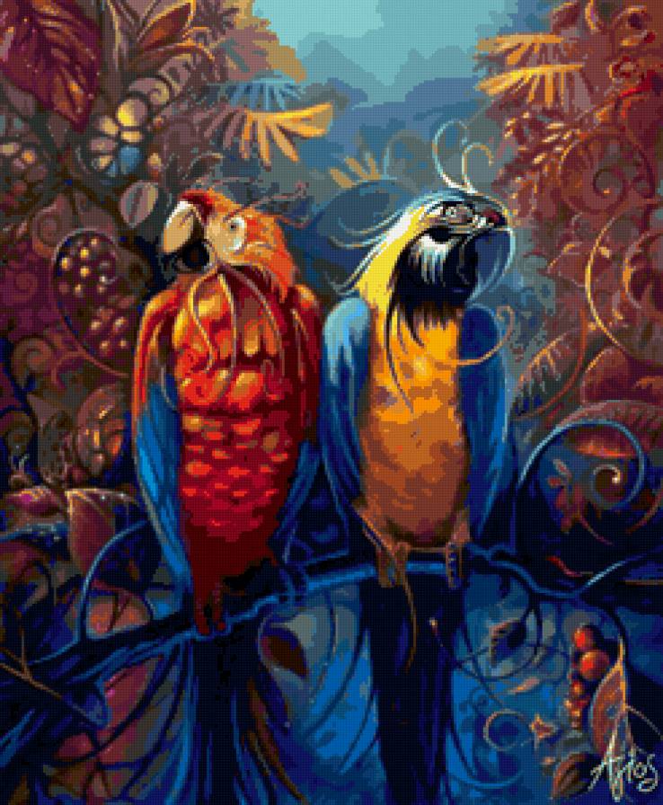 попугайчики - попугай, экзотика, попугайчик, птицы, попугаи, фентези - предпросмотр