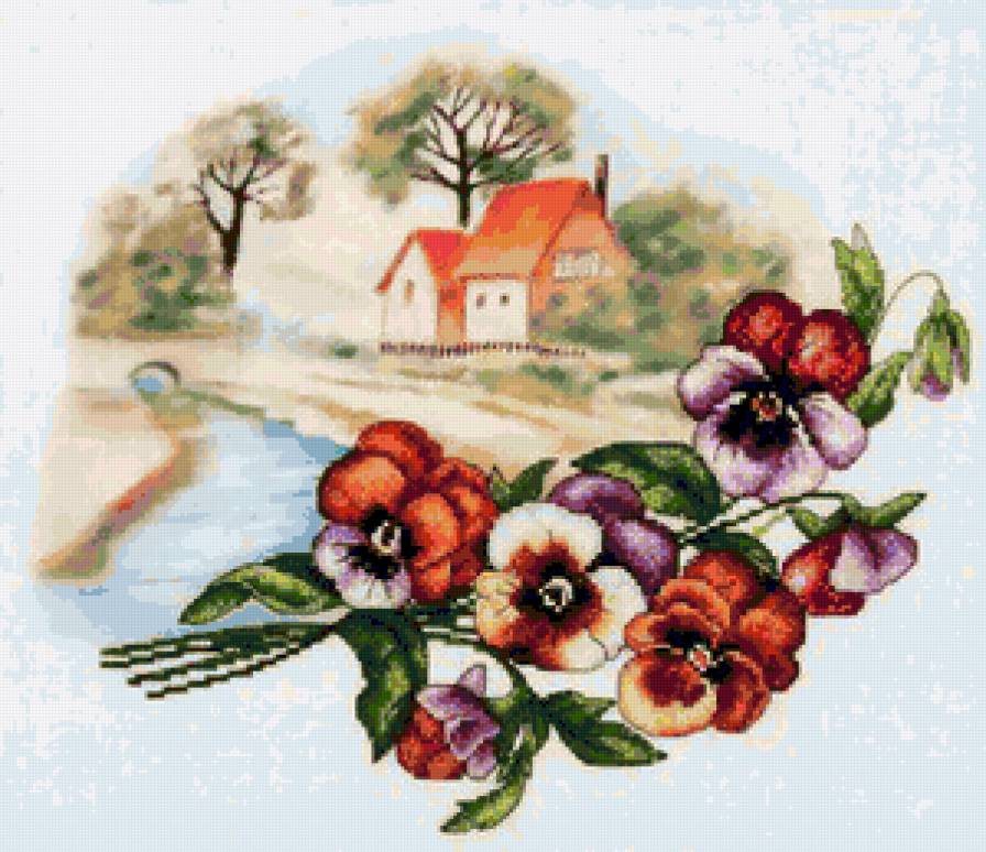 пейзаж с анютками - пейзаж, домики, домик, анюины глазки, сад, виола, цветы - предпросмотр