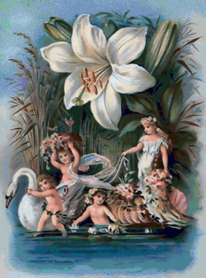 живопись - ангелочки, река, лебедь - предпросмотр