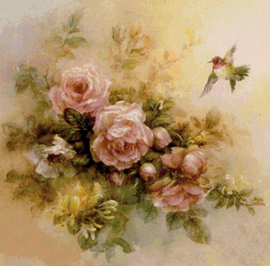 цветы и птица - цветы, птица - предпросмотр