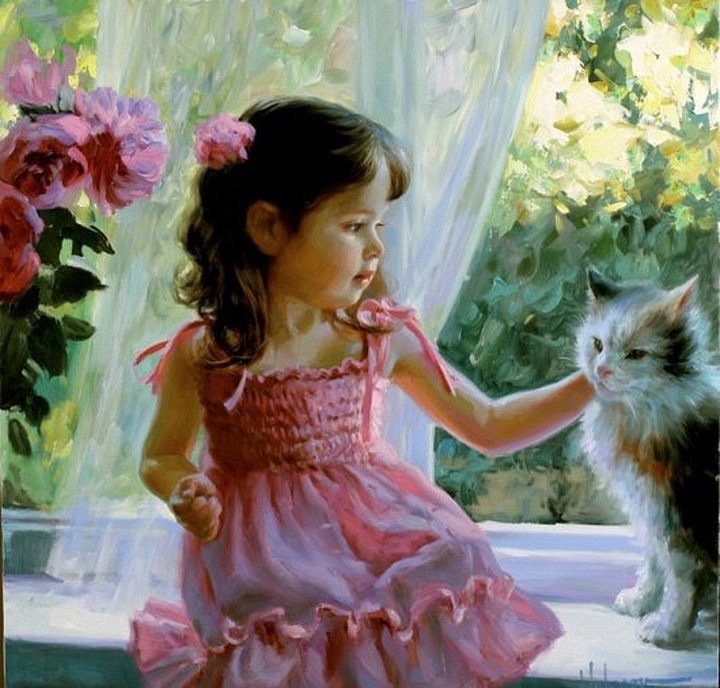 девочка с кошкой - девочка, кошка - оригинал