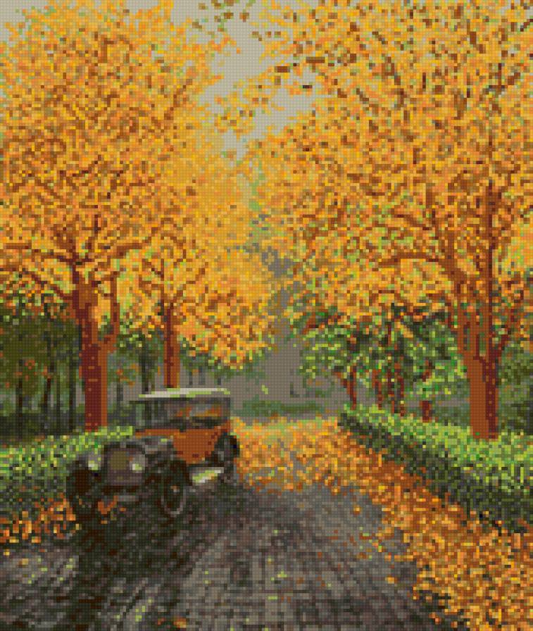 Золотая осень - город, аллея, осень, машина - предпросмотр