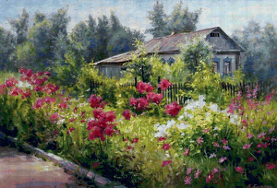 Серия "Пейзаж. Лето" - домик, цветы, лето, пейзаж, мальва - предпросмотр