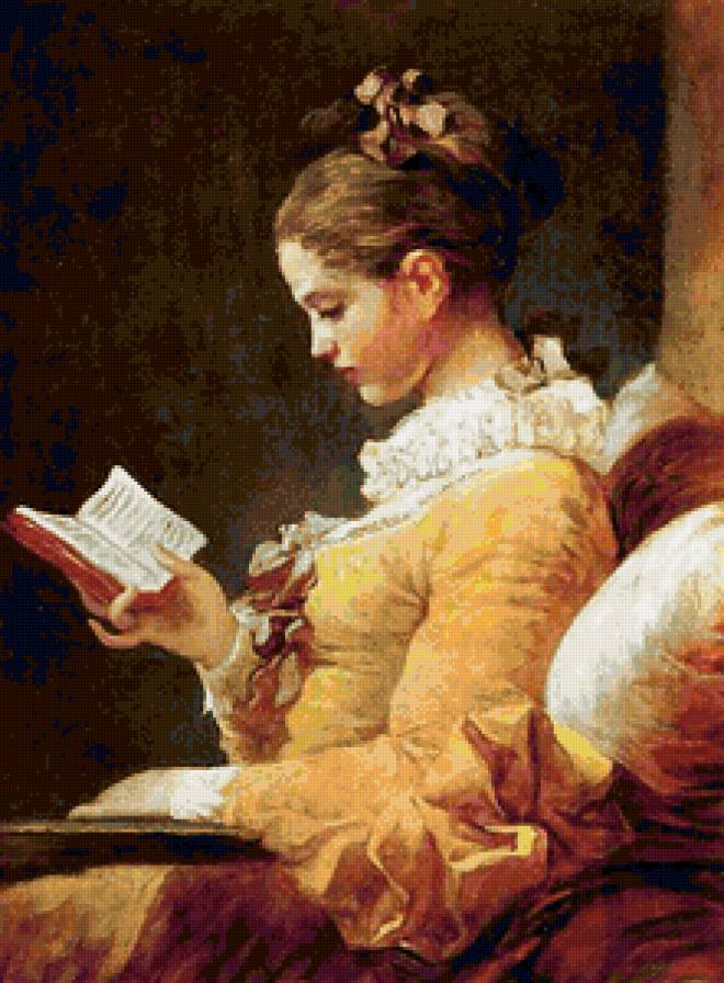 За книгой - девушка, картина, портрет, книга, женщина - предпросмотр