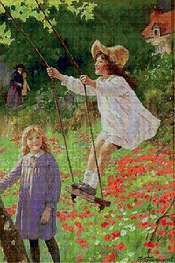 Веселые качели - дети, люди, лето, качели, домик, пейзаж - предпросмотр