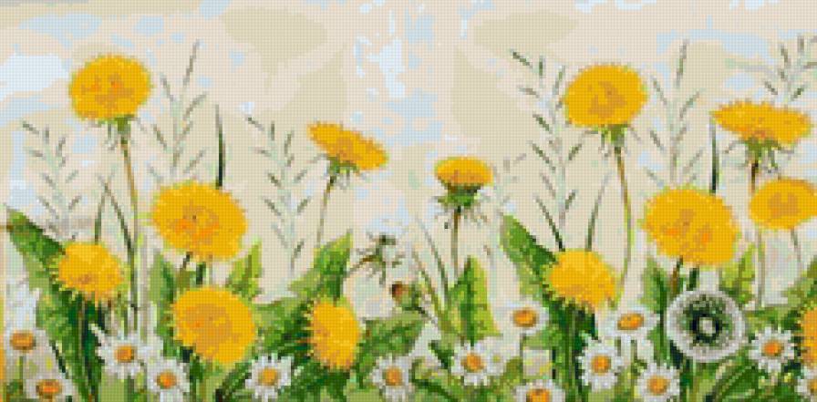 Одуванчики - цветы, бордюр, скатерть, полотенце - предпросмотр