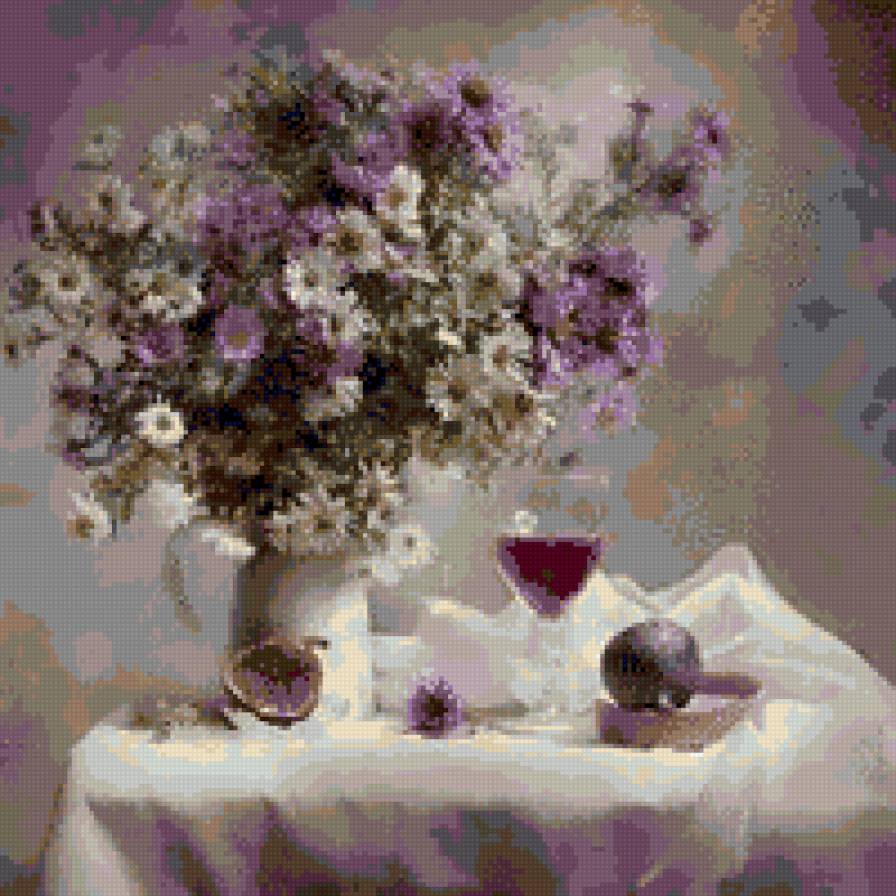 Натюрморт с бокалом - натюрморт, сиреневый, бокал, цветы - предпросмотр