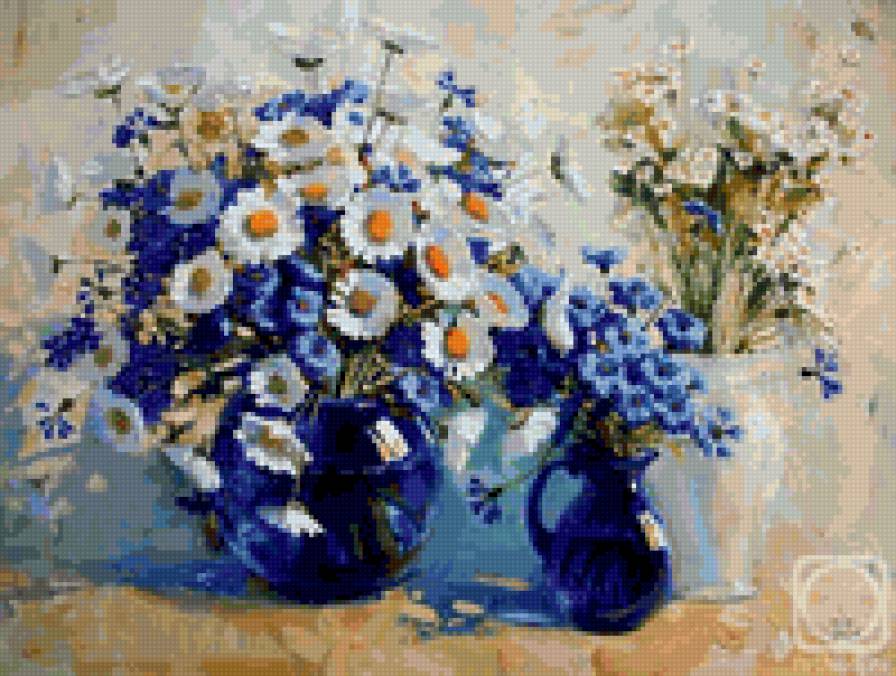 цветы в вазе - васильки, ромашки - предпросмотр