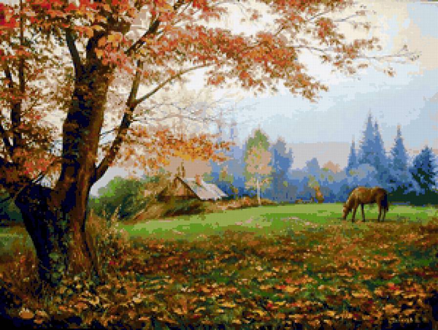 Осень - природа, березки, искусство, осень, лошадки, красота, пейзаж - предпросмотр