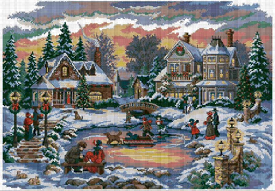 картина - каток, люди, пейзаж, природа, зима - предпросмотр