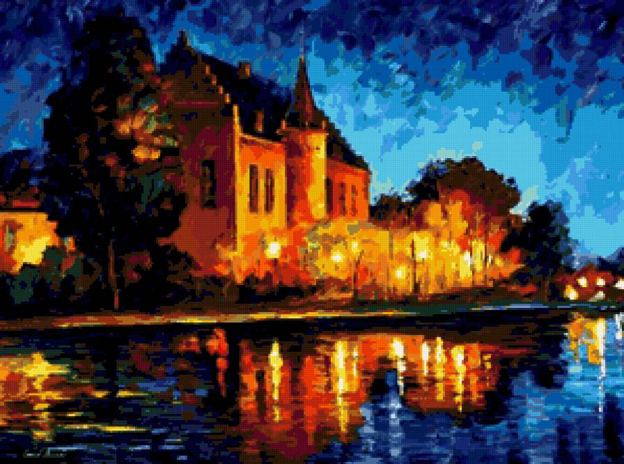 Яркие краски ночного города - пейзаж, домик, город, осень, закат - предпросмотр