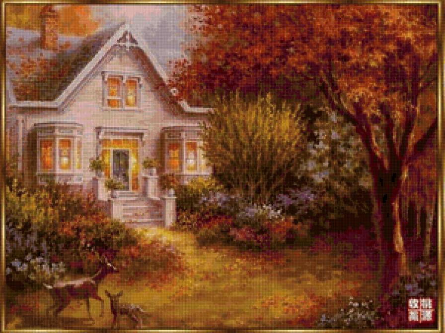 Загородный дом - живопись, пейзаж, дом, животные - предпросмотр