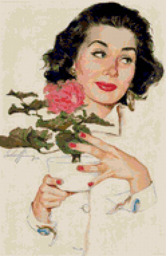 Утро - чашка, живопись, цветок, лицо, женщина, портрет, роза - предпросмотр