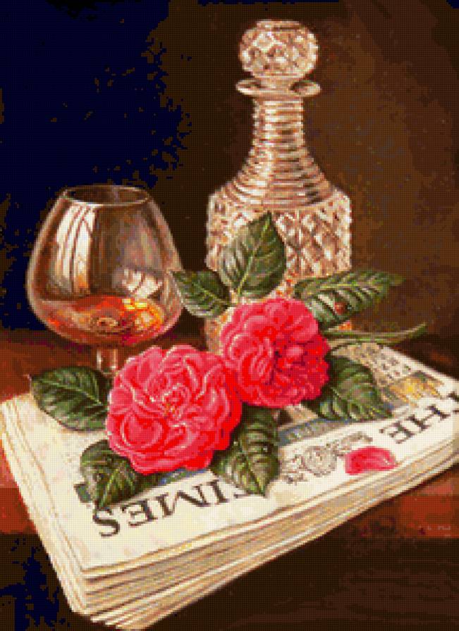 Натюрморт - розы, графин, газета, коньяк, бокал, цветы, натюрморт, фужер - предпросмотр
