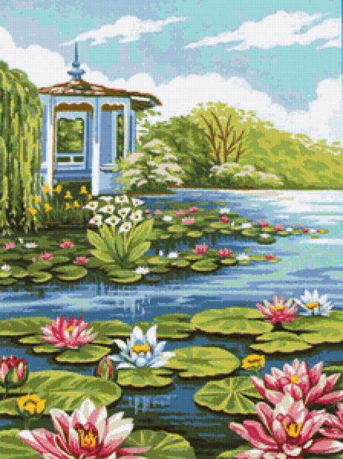 Пейзаж - вода, пруд, природа, лилии, кувшинки, пейзаж, сад, беседка - предпросмотр