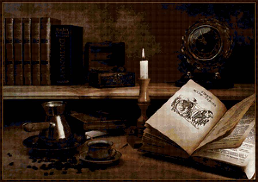 Натюрморт - шкатулка, кофе, натюрморт, часы, книга, свеча - предпросмотр