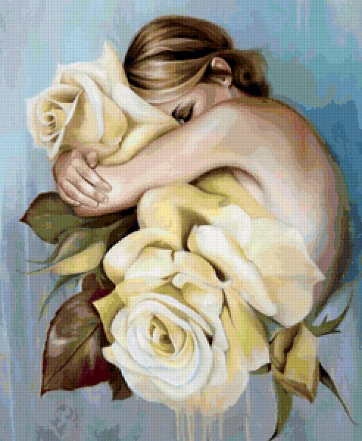 Красота женщины - девушка, картина, розы, цветы, живопись, красота женщины - предпросмотр