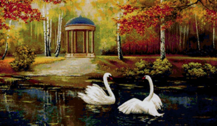 беседка у озера - беседка, лебеди, пейзаж - предпросмотр