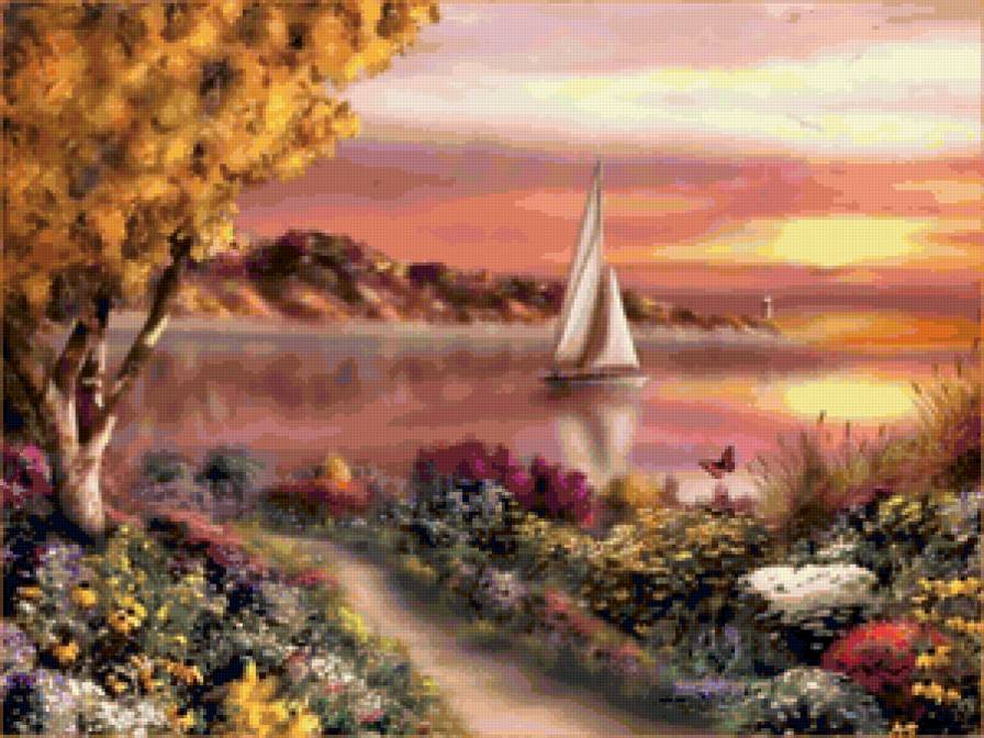 вечер над бухтой - вечер, природа, пейзаж, парусник - предпросмотр