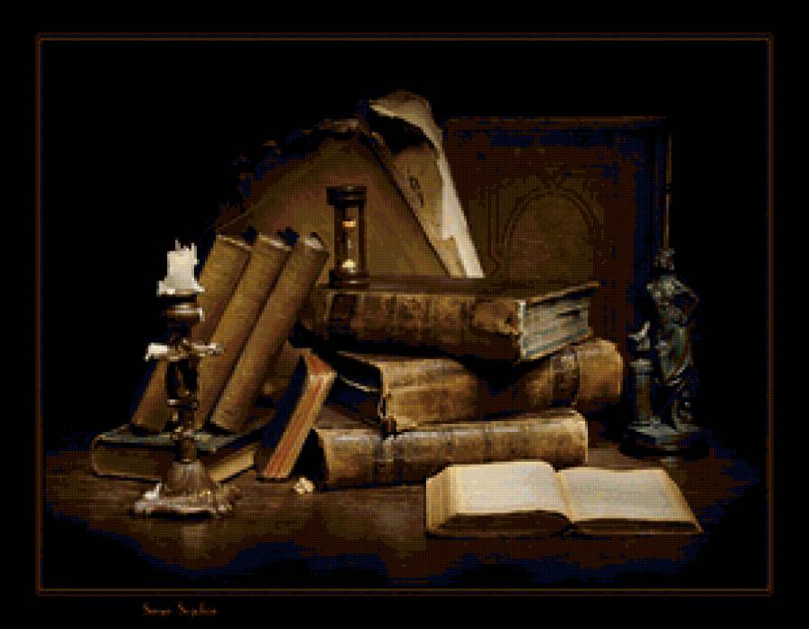 Натюрморт с книгами - книги, натюрморт, картина - предпросмотр