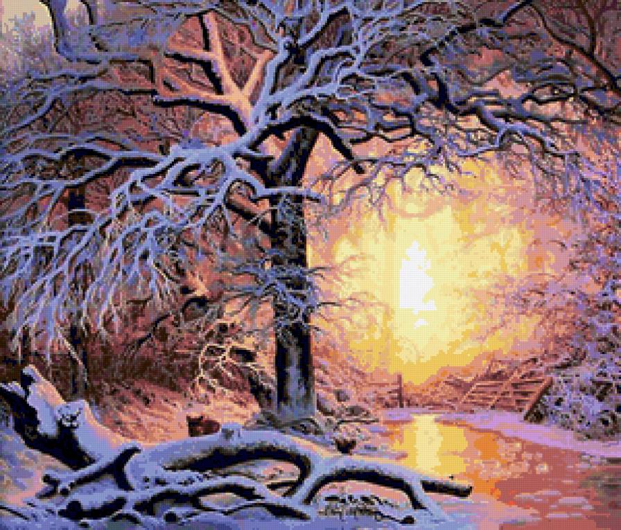 Зимний закат - пейзаж, река, зима, закат, природа, ночь, лес, звезды - предпросмотр