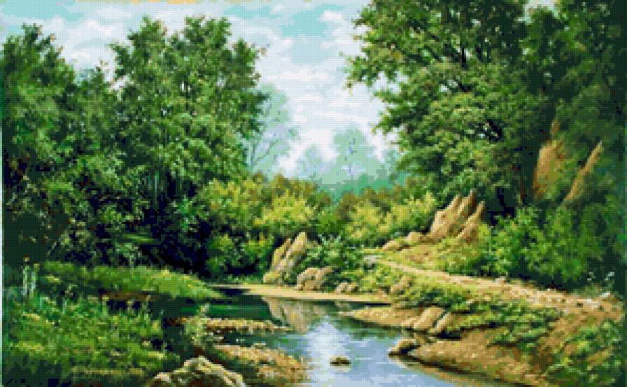 Лесная река - природа, лес, сосны, красота природы, река, пейзаж, березка - предпросмотр