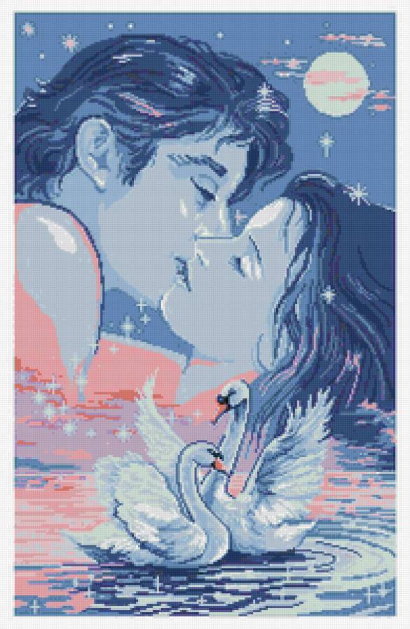 нежность - романтика, влюбленные, лебеди, двое, любовь, картина, пара, поцелуй - предпросмотр