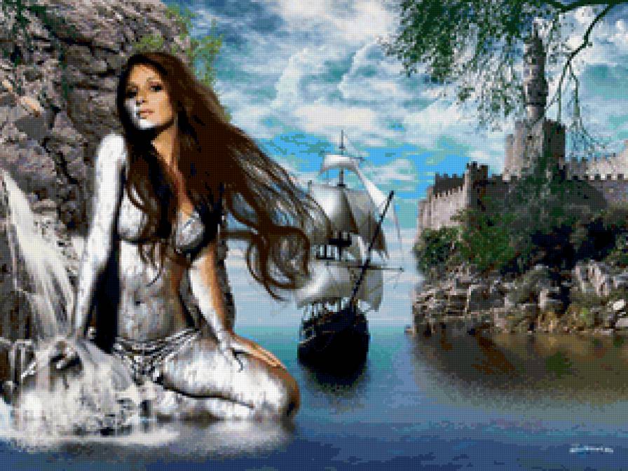 девушка водопад - корабль, девушка, замок, вода, фэнтези, водопад, море - предпросмотр