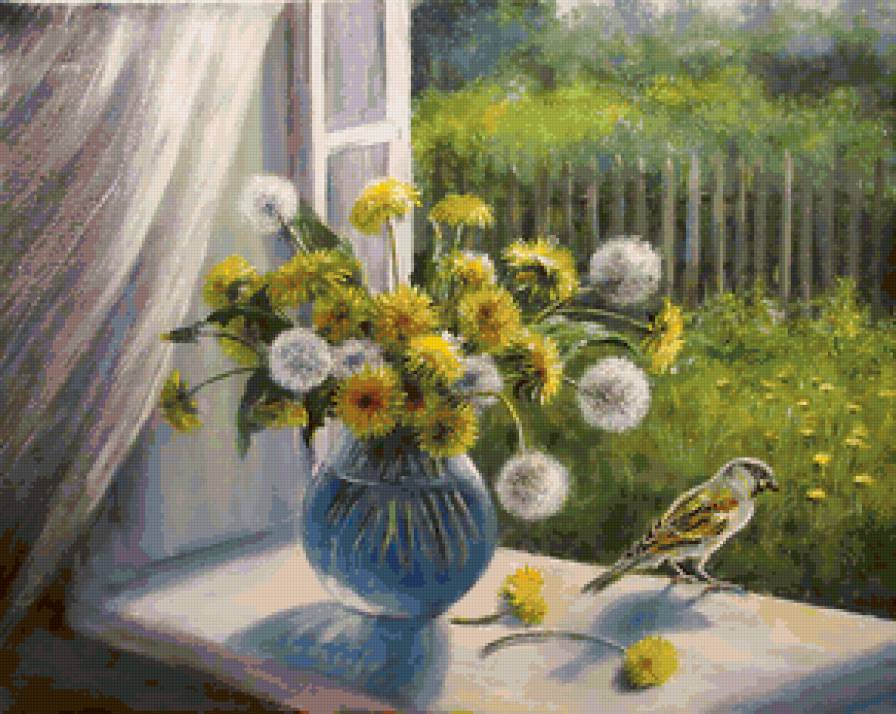 Солнышко на подоконнике - натюрморт, цветы, одуванчик, птица - предпросмотр