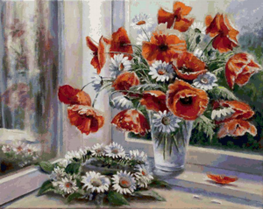 Венок из ромашек и красные маки - цветы, натюрморт, ромашка, мак - предпросмотр