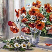 Схема вышивки «Венок из ромашек и красные маки»