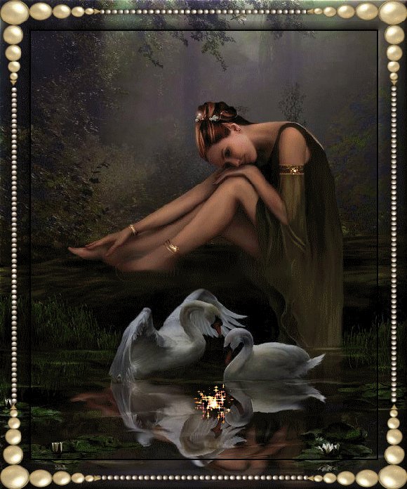 у пруда - картина, лебеди, вода, озеро, девушка - оригинал