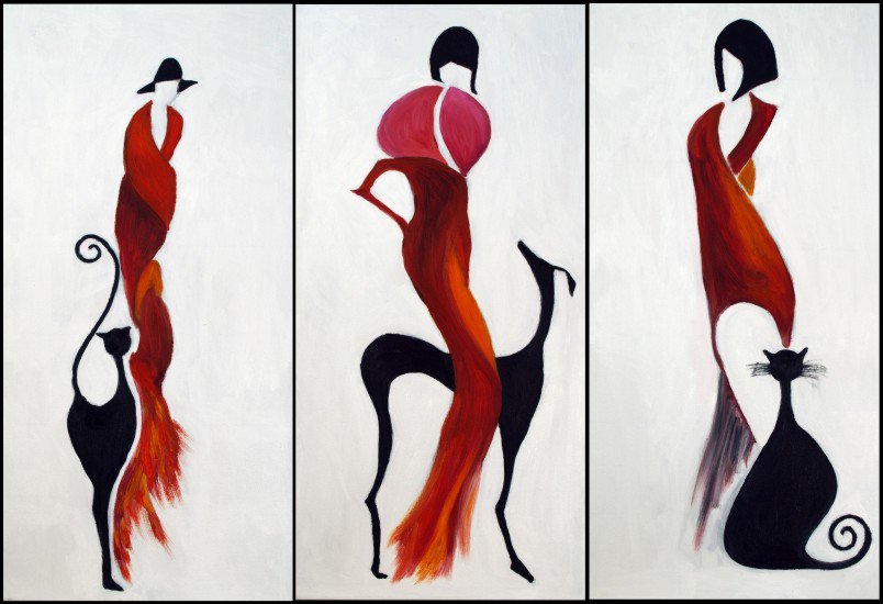 Триптих Незнакомка в красном - силуэт, триптих, женщина - оригинал
