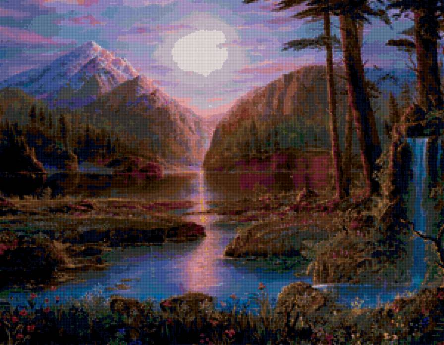 Фантастический горный пейзаж - водопад, пейзаж, рисунок, горы, природа, картина - предпросмотр