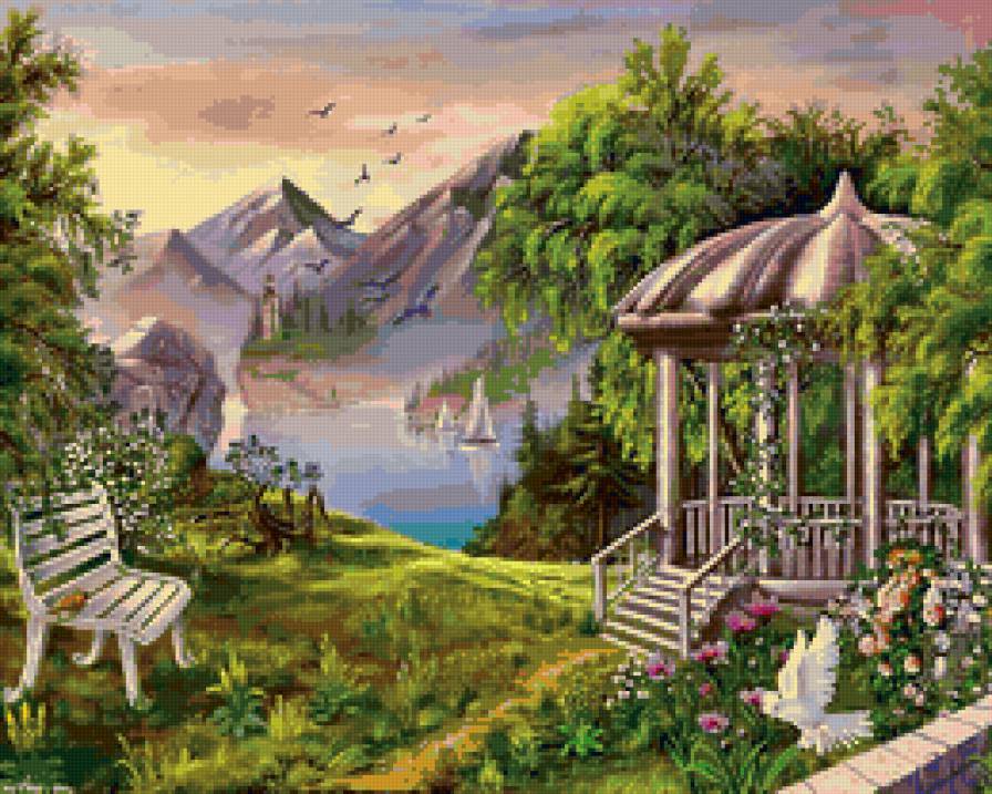 Беседка - море, цветы, пейзаж, красота, терраса, природа - предпросмотр