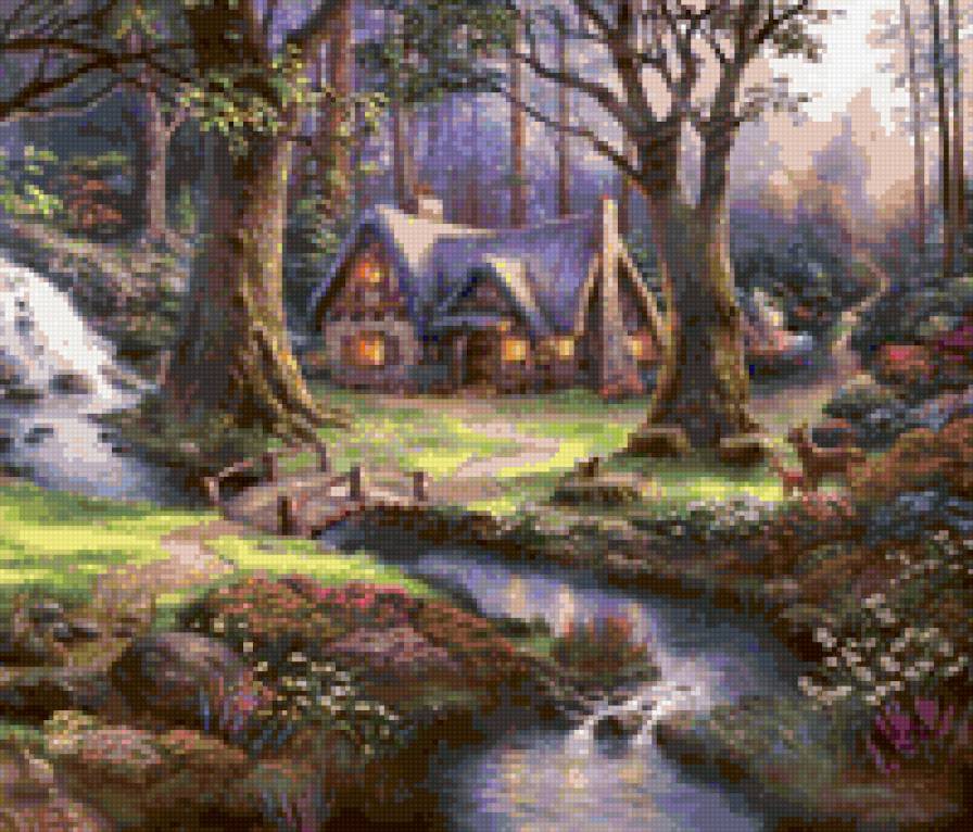 картина домик у речки - пейзаж - предпросмотр