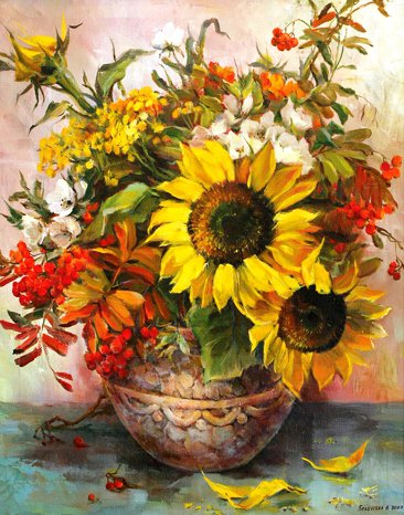 Букет осени - рябина, подсолнухи, подсолнух, букет, ягодки, пижма, осень - оригинал