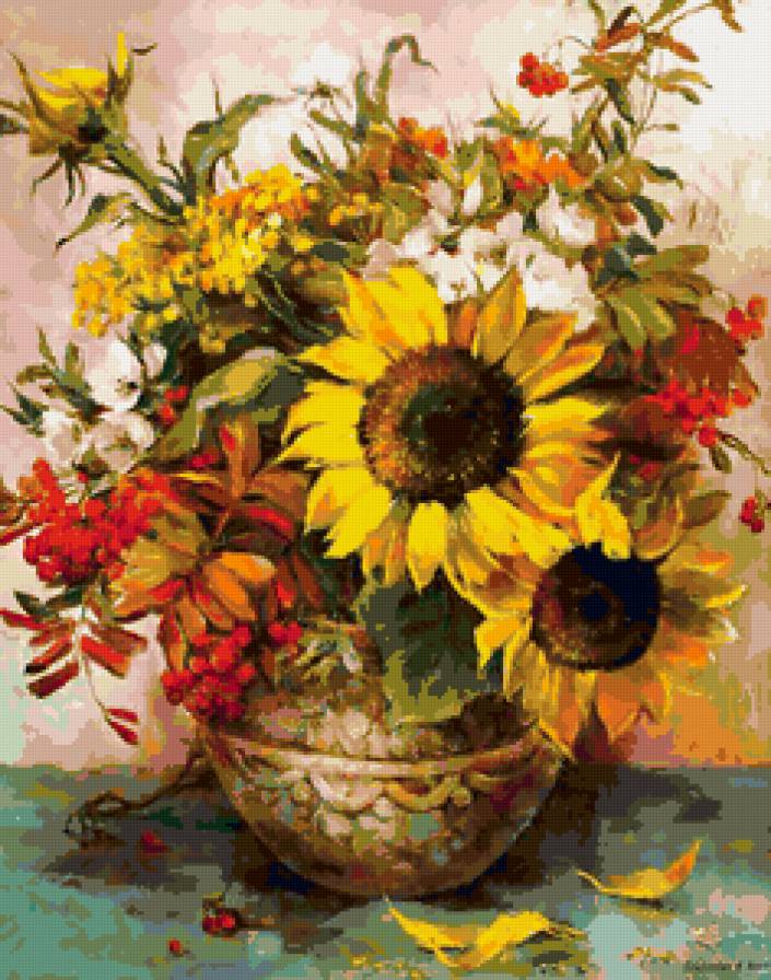 Букет осени - рябина, подсолнух, ягодки, букет, осень, пижма, подсолнухи - предпросмотр